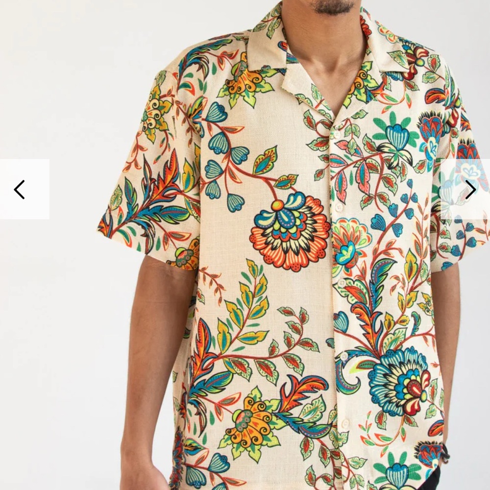 Cream Short-Sleeve Floral Button-Down Shirt